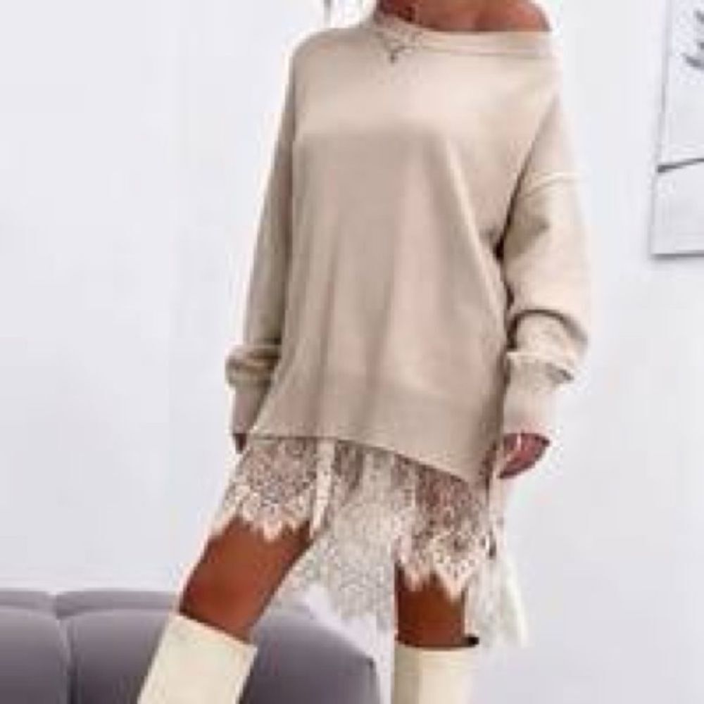 Lace Trim Sweatshirt Dress Cozy Lace-Hem Oversized Sweater Dress in Beige